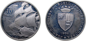 Andorra Principalty 1996 10 Diners - Joan Martí i Alanis (La Santa María ship) Silver (.925) Hamburg Mint (20000) 31.47g PF KM 120