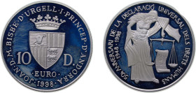 Andorra Principalty 1998 10 Diners - Joan Martí i Alanis (Human Rights) Silver (.925) Hamburg Mint (25000) 31.47g PF KM 143