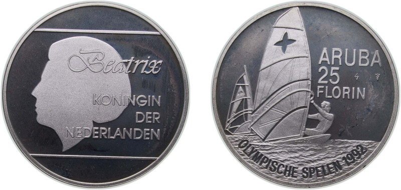 Aruba Dutch colony 1992 25 Florin - Beatrix (Olympics 1992) Silver (.925) Utrech...