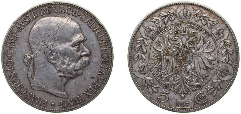 Austria Austro-Hungarian Empire 1907 5 Corona - Franz Joseph I Silver (.900) Vie...