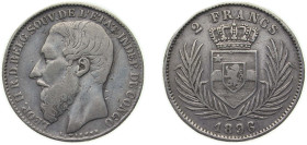 Belgium Belgian Congo Free State 1896 2 Francs - Léopold II Silver (.835) (100000) 9.76g VF Surface hairlines KM 7 LA VCM-10