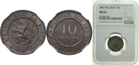 Belgium Kingdom 1862 10 Centimes - Léopold I Copper-nickel (75% Copper, 25% Nickel) Brussels Mint (15129027) 4.5g NGC MS 64 KM 22 LA BFM-32