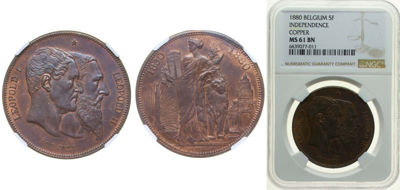 Belgium Kingdom 1880 5 Francs (50 Years of Belgium) Copper Brussels Mint NGC MS ...