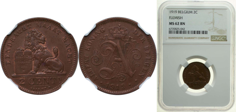Belgium Kingdom 1919 2 Centimes - Albert I (Dutch text) Copper Brussels Mint (49...