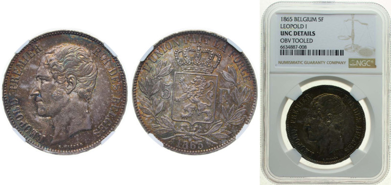 Belgium Kingdom 1865 5 Francs - Léopold I Silver (.900) (10% copper) Brussels Mi...