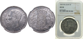 Belgium Kingdom 1868 5 Francs - Léopold II (small head) Silver (.900) (10% copper) Brussels Mint (6570564) 25g NGC AU 58 KM 24 LA BFM-127