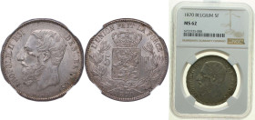 Belgium Kingdom 1870 5 Francs - Léopold II (small head) Silver (.900) (10% copper) Brussels Mint (10468075) 25g NGC MS 62 KM 24 LA BFM-127