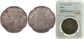 Belgium Kingdom 1871 5 Francs - Léopold II (small head) Silver (.900) (10% copper) Brussels Mint (4783434) 25g NGC MS 63 KM 24 LA BFM-127