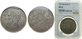 Belgium Kingdom 1871 5 Francs - Léopold II (small head) Silver (.900) (10% copper) Brussels Mint (4783434) 25g NGC MS 62 KM 24 LA BFM-127