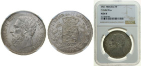 Belgium Kingdom 1873 5 Francs - Léopold II (small head) Silver (.900) (10% copper) Brussels Mint (22340959) 25g NGC MS 63 KM 24 LA BFM-127