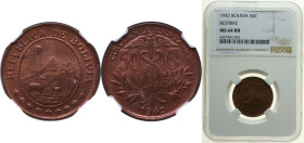 Bolivia Republic 1942 50 Centavos Brass (95% Copper, 5% Zinc) (5317155) 5.1g NGC MS 64 BN KM 182a Schön 13