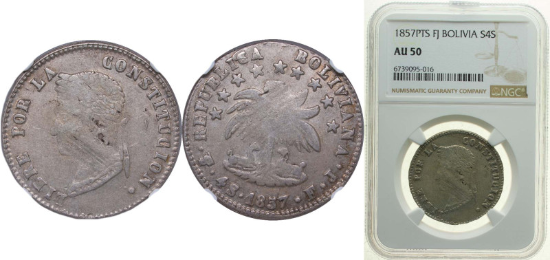 Bolivia Republic 1857 PTS FJ 4 Soles Silver (.667) Potosi Mint 13.5g NGC AU 50 K...
