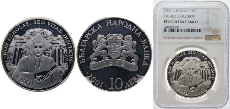 Bulgaria 2001 10 Leva (Higher Education) Silver (.925) (10000) 23.33g NGC PF 66 ...