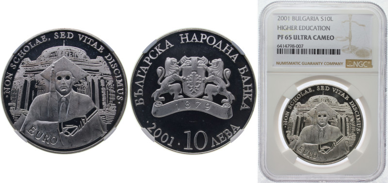 Bulgaria 2001 10 Leva (Higher Education) Silver (.925) (10000) 23.33g NGC PF 65 ...