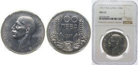 Bulgaria Kingdom 1937 100 Leva - Boris III Silver (.500) (Copper .400, .050 Nickel, .050 Zinc) Kremnica Mint (2207417) 20g NGC MS 62 KM 45 Schön 47.1 ...