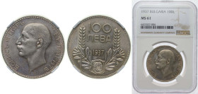 Bulgaria Kingdom 1937 100 Leva - Boris III Silver (.500) (Copper .400, .050 Nickel, .050 Zinc) Kremnica Mint (2207417) 20g NGC MS 61 KM 45 Schön 47.1 ...