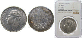 Bulgaria Principalty 1894 КБ 5 Leva - Ferdinand I (Type 2 legend) Silver (.900) Kremnica Mint (1800000) 25g NGC AU Cleaned KM 18