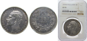 Bulgaria Principalty 1894 КБ 5 Leva - Ferdinand I (Type 2 legend) Silver (.900) Kremnica Mint (1800000) 25g NGC XF 45 KM 18