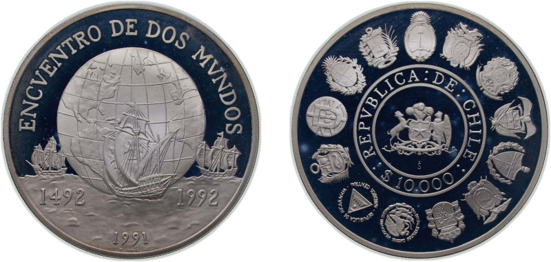 Chile Republic 1991 So 10000 Pesos (Ibero-American Series) Silver (.925) Santiag...