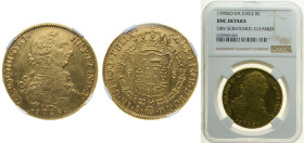 Chile Spanish colony 1795 So DA 8 Escudos - Carlos IV (bust of Carlos III, CAROL IIII) Gold (.875) Santiago Mint (43000) 27.067g NGC UNC Scratches Cle...