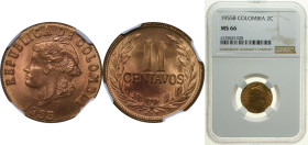 Colombia Republic 1955 B 2 Centavos (Continuous legend) Brass (84% copper, 16% zinc) Bogota Mint 3g NGC MS 66 KM 214 Schön 32.2 Hernández 346 Restrepo...