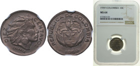 Colombia Republic 1959 10 Centavos Copper-nickel (36653000) 2.5g NGC MS 64 KM 212 Restrepo 380 Schön 31