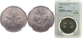 Cuba First Republic 1933 1 Peso Silver (.900) (silver 90%, copper 10%) Philadelphia Mint (6000000) 26.73g NGC MS 62 KM 15 Y 9