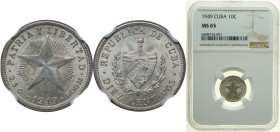 Cuba First Republic 1949 10 Centavos Silver (.900) (silver 90%, copper 10%) Philadelphia Mint (9880000) 2.5g NGC MS 65 KM A12 Y 6