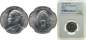 Cuba First Republic 1953 25 Centavos (José Martí) Silver (.900) (silver 90%, copper 10%) Philadelphia Mint (19000000) 6.25g NGC MS 62 KM 27 Y 21 Schön...