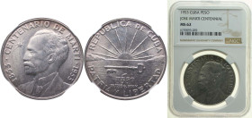 Cuba First Republic 1953 1 Peso (José Martí) Silver (.900) (silver 90%, copper 10%) Philadelphia Mint (1000000) 26.73g NGC MS 62 KM 29 Y 23