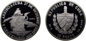 Cuba Second Republic 1990 10 Pesos (Arrival at Cuba) Silver (.999) Havana Mint (10000) 20g PF KM 252 JMA AAEE381