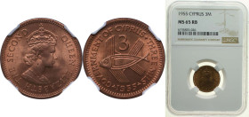 Cyprus British crown colony 1955 3 Mils - Elizabeth II (1st portrait) Bronze Royal Mint (Tower Hill) (6250000) 2.83g NGC MS 65 RB KM 33