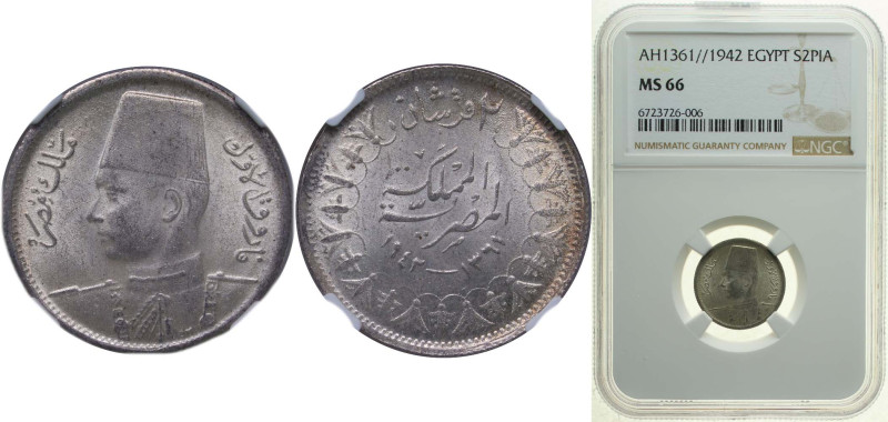 Egypt Kingdom AH 1361 (1942) 2 Qirsh - Farouk Silver (.833) (Copper .166) Royal ...
