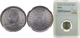 Egypt Kingdom AH 1361 (1942) 2 Qirsh - Farouk Silver (.833) (Copper .166) Royal Mint (Tower Hill) 2.8g NGC MS 66 KM 365 Schön 70