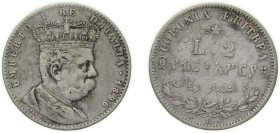 Eritrea Italian Eritrea Italian colony 1896 R 2 Lire / 4⁄10 Rial - Umberto I Silver (.835) Rome Mint (750000) 9.87g VF KM 3 Schön 3