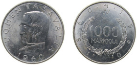 Finland Republic 1960 S-J 1000 Markkaa (Snellman) Silver (.875) (Copper .125) Helsinki Mint (201000) 13.93g UNC KM 43 Schön 47