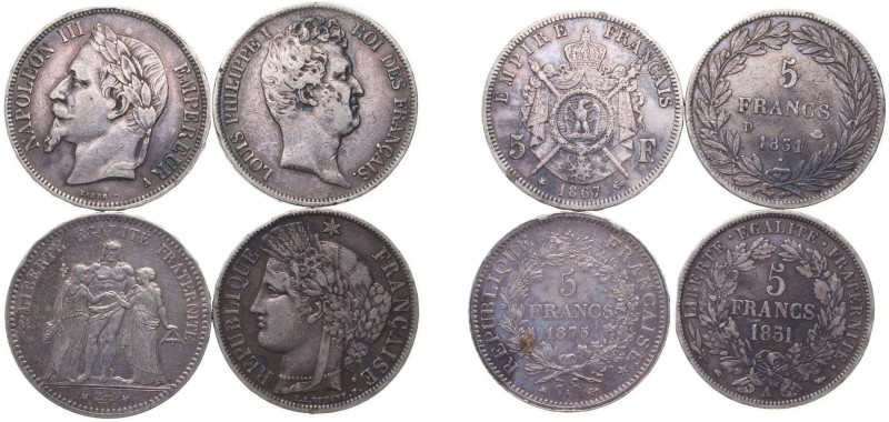 France 1831-1875 5 Francs (4 Lots) Silver (.900) VF