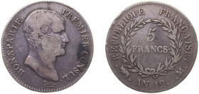 France First Republic AN 12 (1803) M 5 Francs - Napoleon I (nude head, transitional type) Silver (.900) Toulouse Mint (427169) 24.7g VF F 302 Gad 579 ...