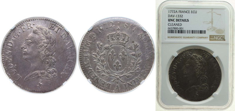 France Kingdom 1772 A 1 Écu - Louis XV Silver (.917) Paris Mint 29.488g NGC UNC ...