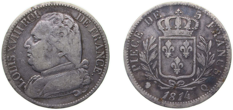 France Kingdom 1814 Q 5 Francs - Louis XVIII (dressed bust) Silver (.900) Perpig...