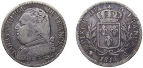 France Kingdom 1814 Q 5 Francs - Louis XVIII (dressed bust) Silver (.900) Perpignan Mint (1181316) 24.26g VF F 308 Gad 591 KM 702.11
