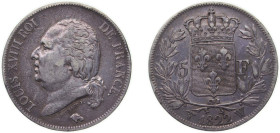 France Kingdom 1822 W 5 Francs - Louis XVIII (bare bust) Silver (.900) Lille Mint (4837448) 24.82g VF F 309 Gad 614 KM 711.13