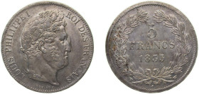 France Kingdom 1835 W 5 Francs - Louis-Philippe I Silver (.900) Lille Mint (5014473) 25.01g AU KM 749.13 F 324 Gad 678