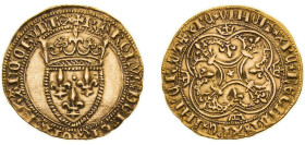 France Kingdom ND (1385) Ecu d'Or - Charles VI (1re émission, A very unique style, with a rather raised French shield, a four leaf shape surrounded by...