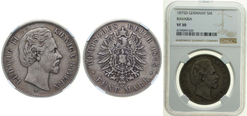 Germany Kingdom of Bavaria Second Empire 1875 D 5 Mark - Louis II Silver (.900) ...