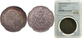 Germany Kingdom of Württemberg Second Empire 1908 F 5 Mark - William II Silver (.900) Stuttgart Mint (521716) 27.778g NGC AU 53 KM 632 J 176 Schön 11 ...