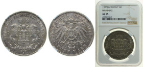 Germany Free Hanseatic city of Hamburg Second Empire 1908 J 5 Mark Silver (.900) Hamburg Mint (458000) 27.777g NGC AU 55 KM 610 J 65 Dav GT III 659