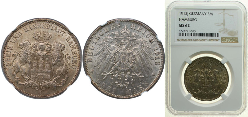 Germany Free Hanseatic city of Hamburg Second Empire 1913 J 3 Mark Silver (.900)...