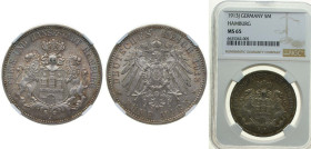 Germany Free Hanseatic city of Hamburg Second Empire 1913 J 5 Mark Silver (.900) Hamburg Mint (327000) 27.777g NGC MS 65 KM 610 J 65 Dav GT III 659