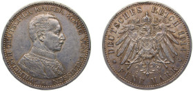 Germany Kingdom of Prussia Second Empire 1914 A 5 Mark - William II Silver (.900) Berlin Mint (1587000) 27.79g AU KM 536 J 114 Dav GT III 791